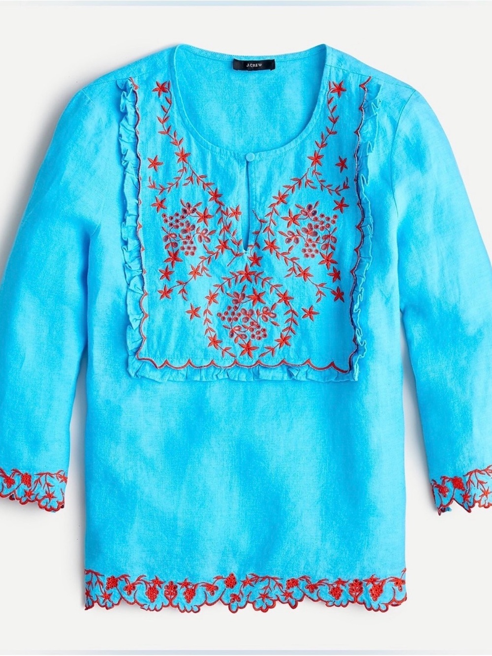J. Crew M 100% Linen Top Floral Embroidery Ruffles Colorful Preppy Resort